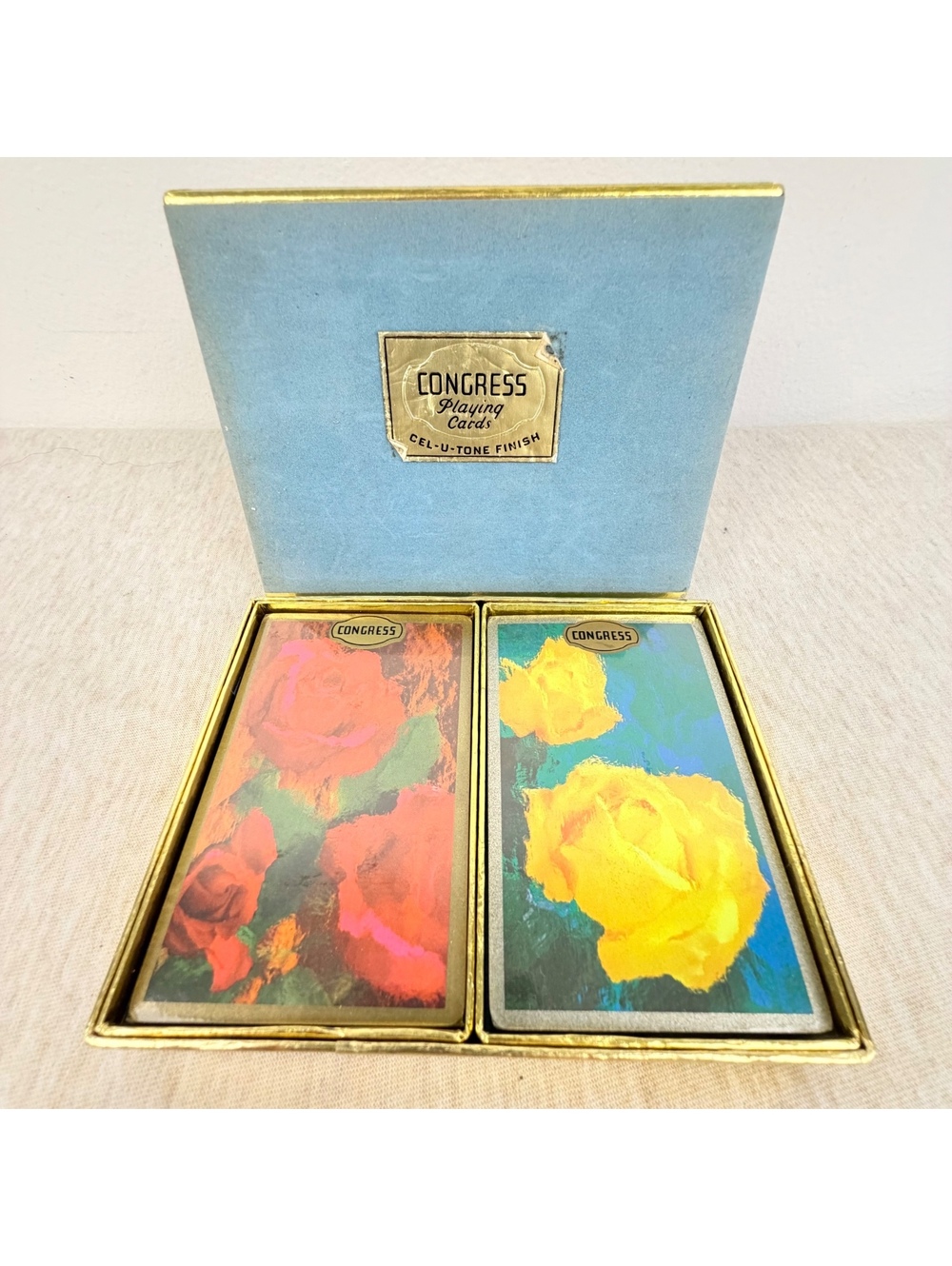 Vintage Congress Cel-U-Tone Playing Cards 2 Sealed Decks Roses Original Box